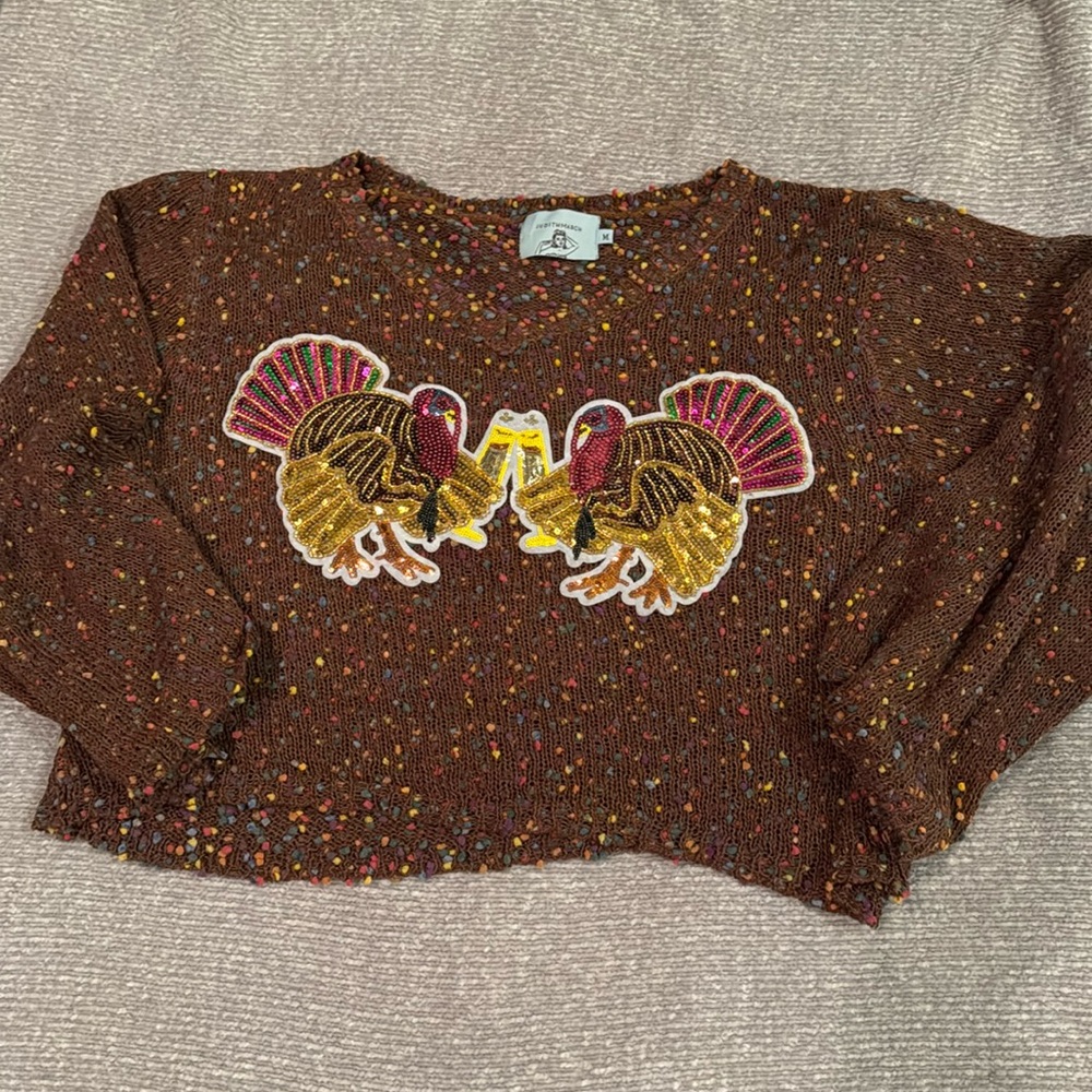 Judith March M Thanksgiving sweater with sequin turkeys champagne toasting!